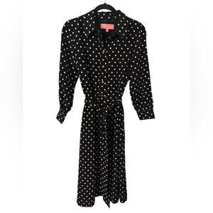 LDT Adrienne Polka Dot‎ Black and White Belted Button Up Midi Dress Size 8